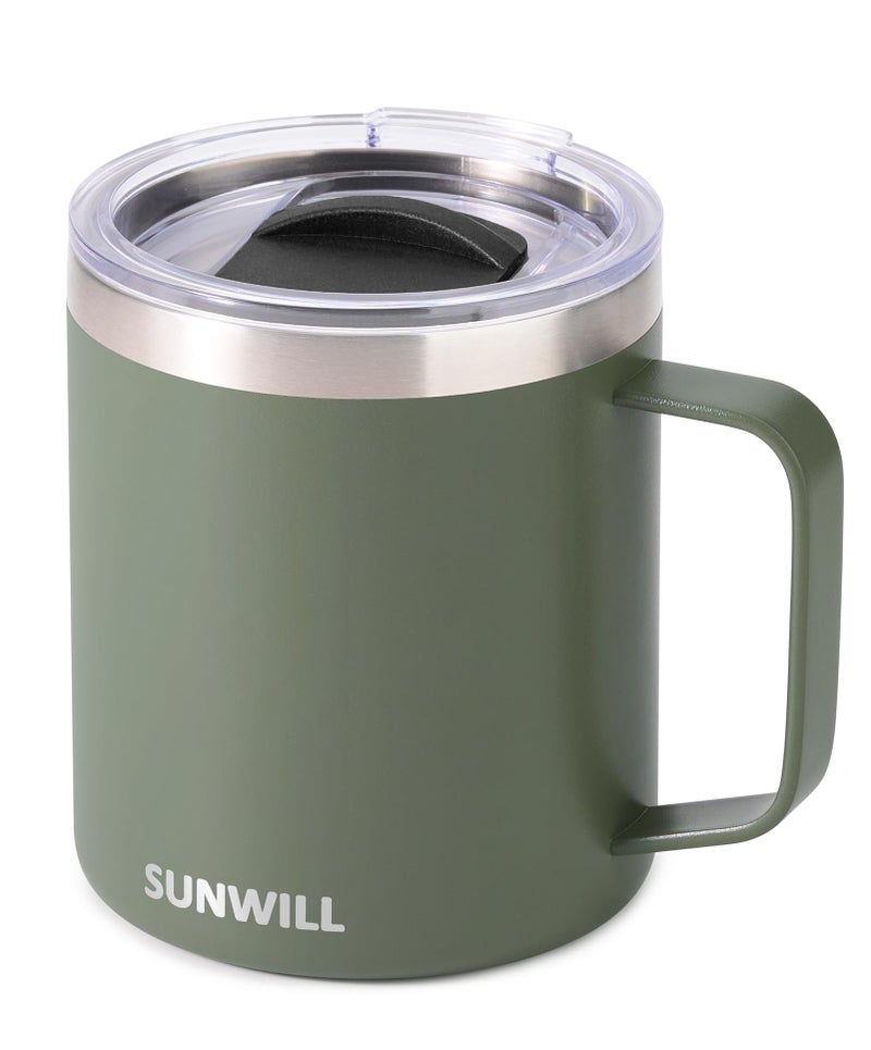 SUNWILL Travel Coffee Mug with Lid, Insulated Tumbler with Handle, 14 oz Stainless Steel Cup for Home, Office, Camping, Powder Coated Camp Green - Image 1