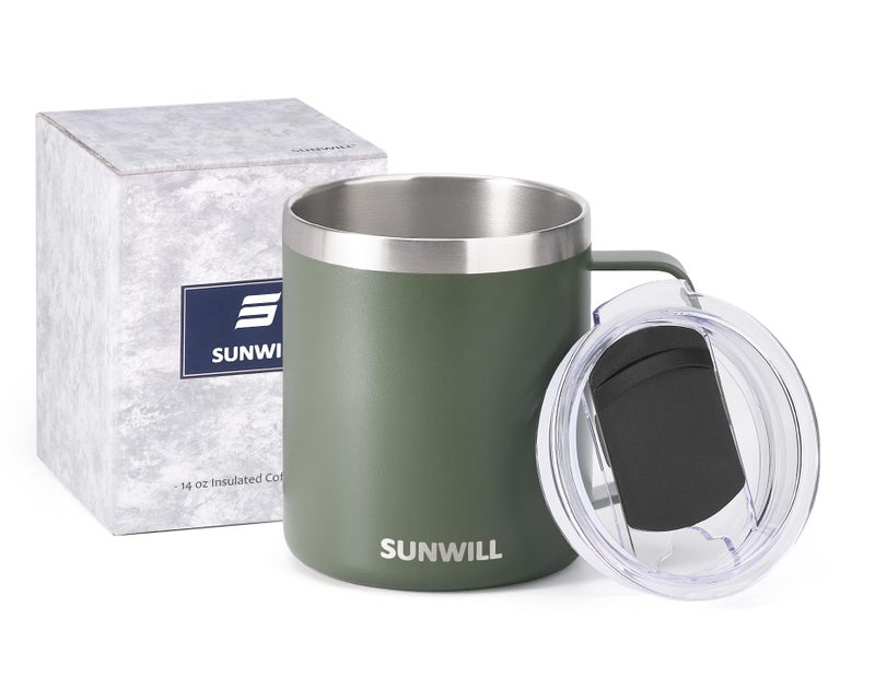 SUNWILL Travel Coffee Mug with Lid, Insulated Tumbler with Handle, 14 oz Stainless Steel Cup for Home, Office, Camping, Powder Coated Camp Green - Image 5