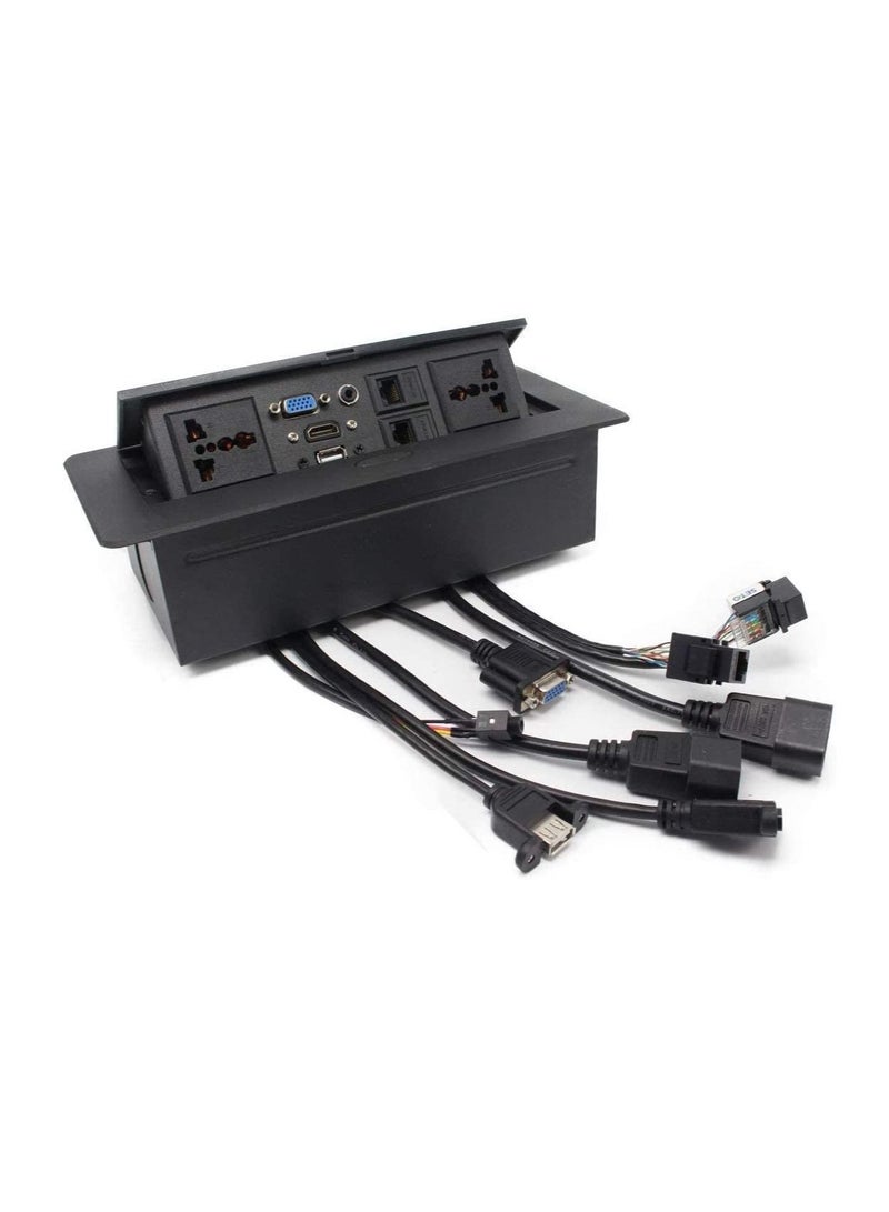 طاولة مؤتمرات وصندوق بيانات وصندوق منبثق وصندوق كابلات مع منافذ HDMI وVGA وLAN وPower