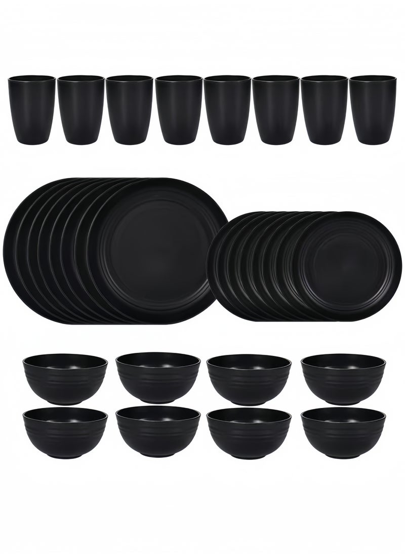 nihao 32-piece Dinner Set, Wheat Straw Bowls, Plates, Cups Dinnerware Set ,  Service for 8, Dinner Plates, Dessert Plate, Cereal Bowls, Cups, Unbreakable Colorful Plastic Outdoor Camping Dishes, Coastal Black  - Image 2