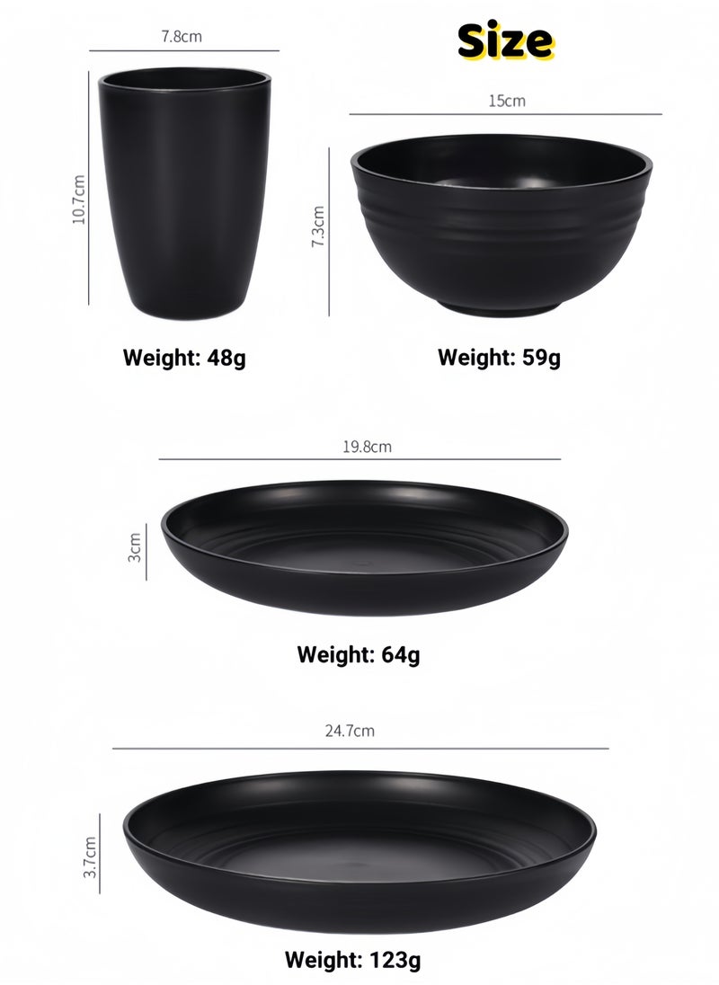 32-piece Dinner Set, Wheat Straw Bowls, Plates, Cups Dinnerware Set ,  Service for 8, Dinner Plates, Dessert Plate, Cereal Bowls, Cups, Unbreakable Colorful Plastic Outdoor Camping Dishes, Coastal Black
