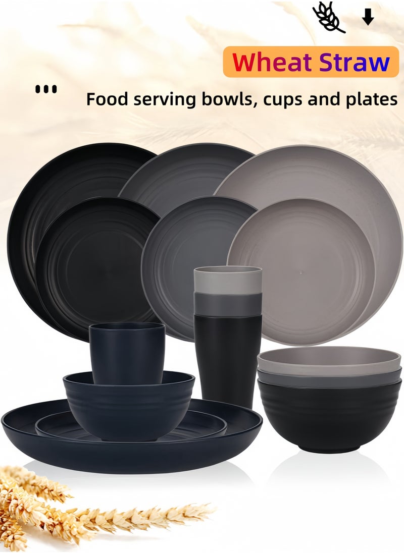 32-piece Dinner Set, Wheat Straw Bowls, Plates, Cups Dinnerware Set ,  Service for 8, Dinner Plates, Dessert Plate, Cereal Bowls, Cups, Unbreakable Colorful Plastic Outdoor Camping Dishes, Coastal Black