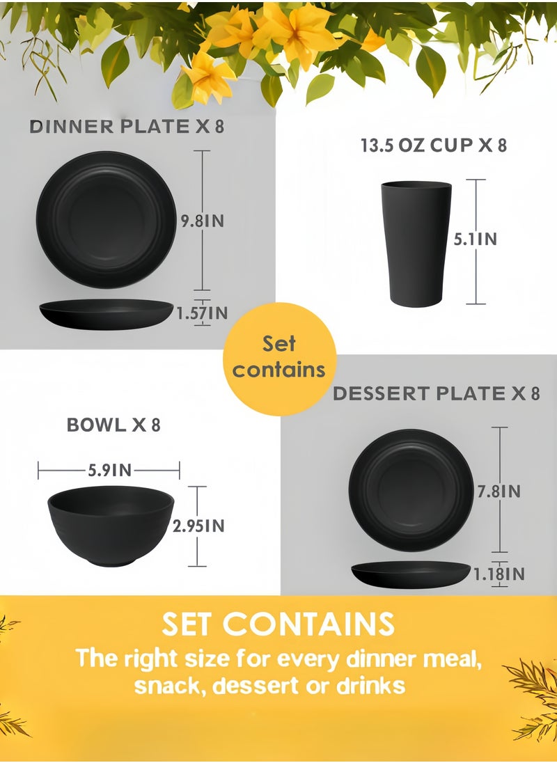 32-piece Dinner Set, Wheat Straw Bowls, Plates, Cups Dinnerware Set ,  Service for 8, Dinner Plates, Dessert Plate, Cereal Bowls, Cups, Unbreakable Colorful Plastic Outdoor Camping Dishes, Coastal Black
