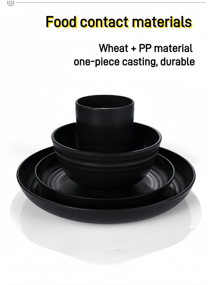 32-piece Dinner Set, Wheat Straw Bowls, Plates, Cups Dinnerware Set ,  Service for 8, Dinner Plates, Dessert Plate, Cereal Bowls, Cups, Unbreakable Colorful Plastic Outdoor Camping Dishes, Coastal Black