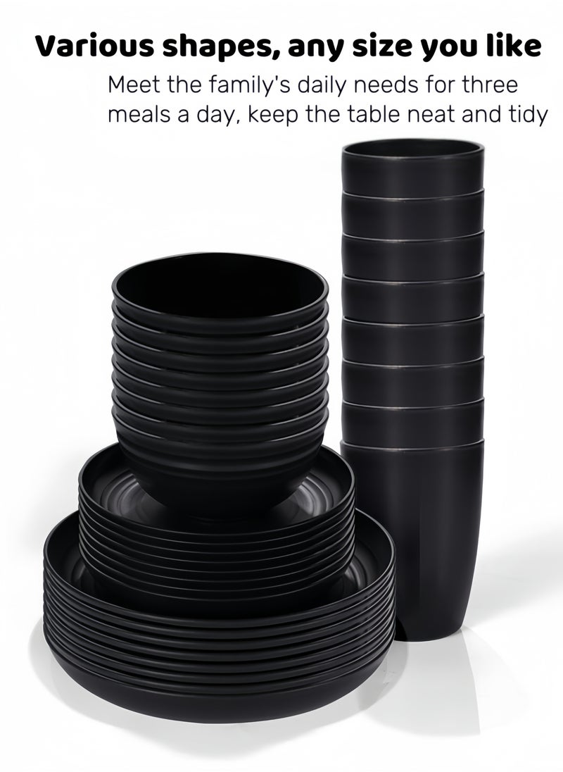 32-piece Dinner Set, Wheat Straw Bowls, Plates, Cups Dinnerware Set ,  Service for 8, Dinner Plates, Dessert Plate, Cereal Bowls, Cups, Unbreakable Colorful Plastic Outdoor Camping Dishes, Coastal Black