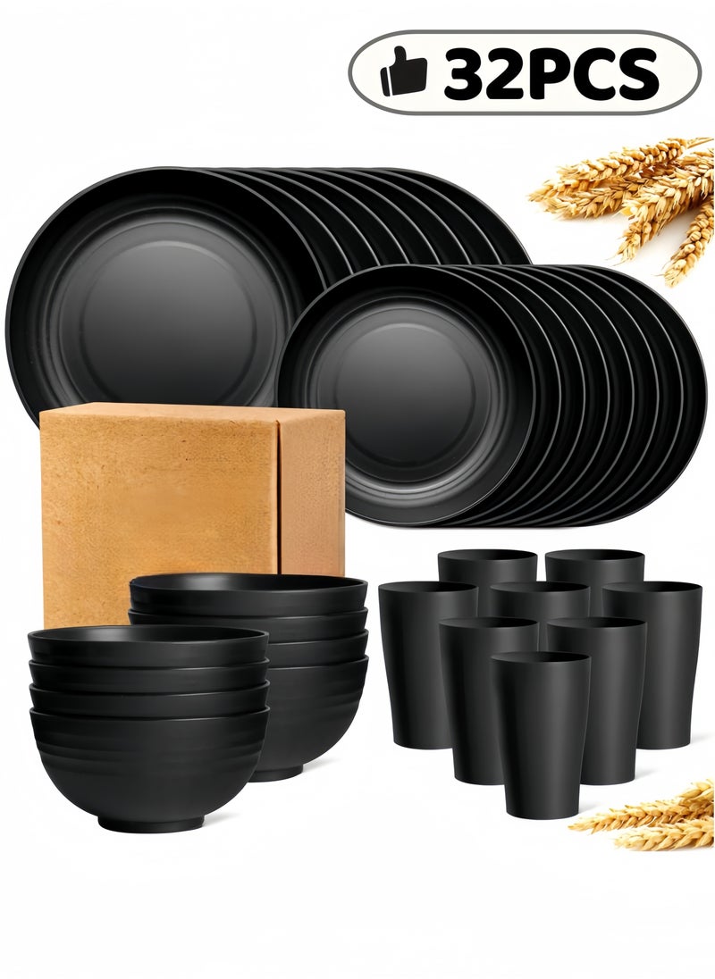 nihao 32-piece Dinner Set, Wheat Straw Bowls, Plates, Cups Dinnerware Set ,  Service for 8, Dinner Plates, Dessert Plate, Cereal Bowls, Cups, Unbreakable Colorful Plastic Outdoor Camping Dishes, Coastal Black  - Image 1