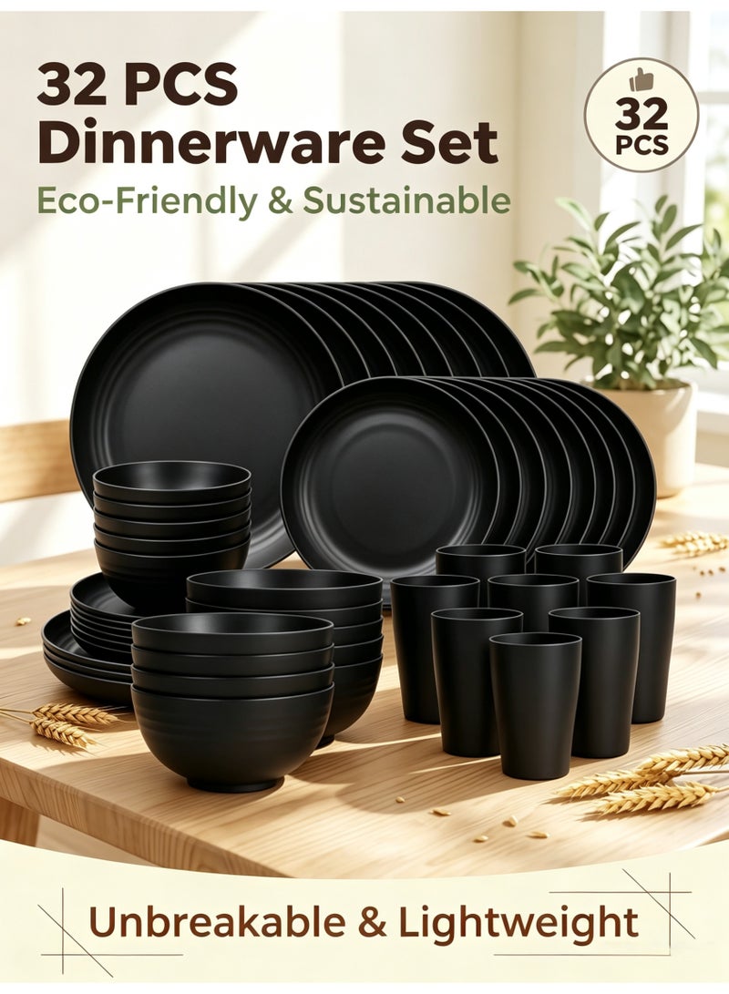 nihao 32-piece Dinner Set, Wheat Straw Bowls, Plates, Cups Dinnerware Set ,  Service for 8, Dinner Plates, Dessert Plate, Cereal Bowls, Cups, Unbreakable Colorful Plastic Outdoor Camping Dishes, Coastal Black - Image 1