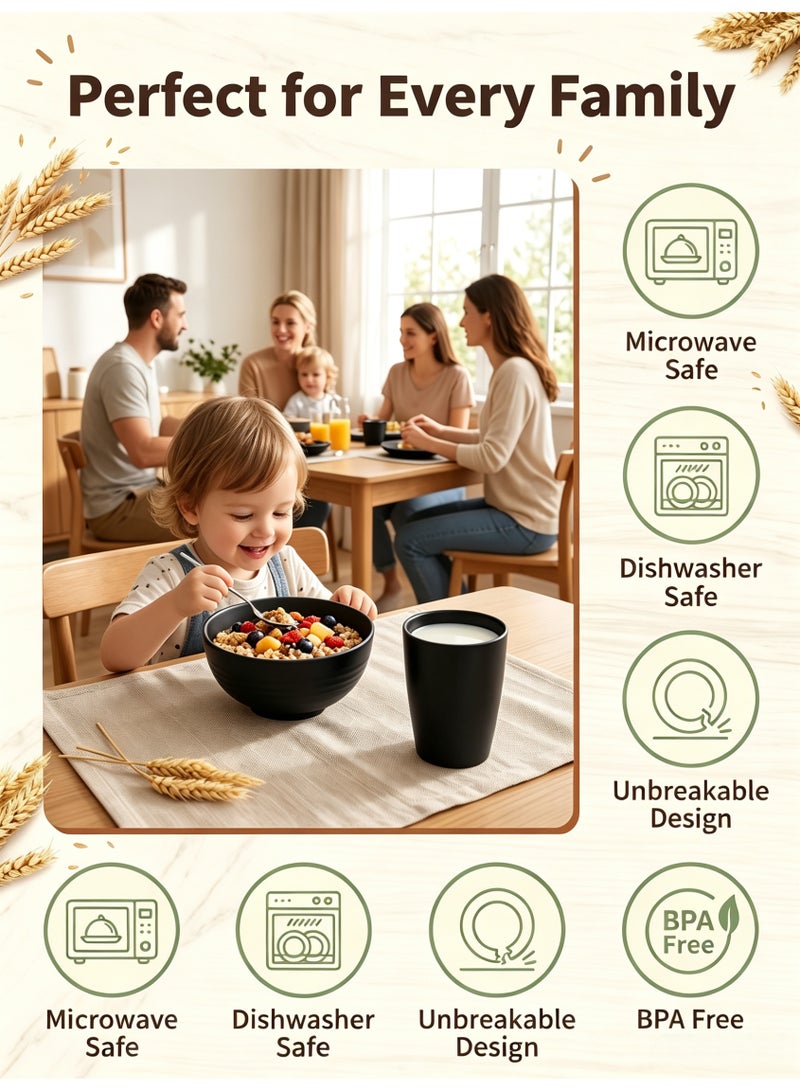 nihao 32-piece Dinner Set, Wheat Straw Bowls, Plates, Cups Dinnerware Set ,  Service for 8, Dinner Plates, Dessert Plate, Cereal Bowls, Cups, Unbreakable Colorful Plastic Outdoor Camping Dishes, Coastal Black - Image 2