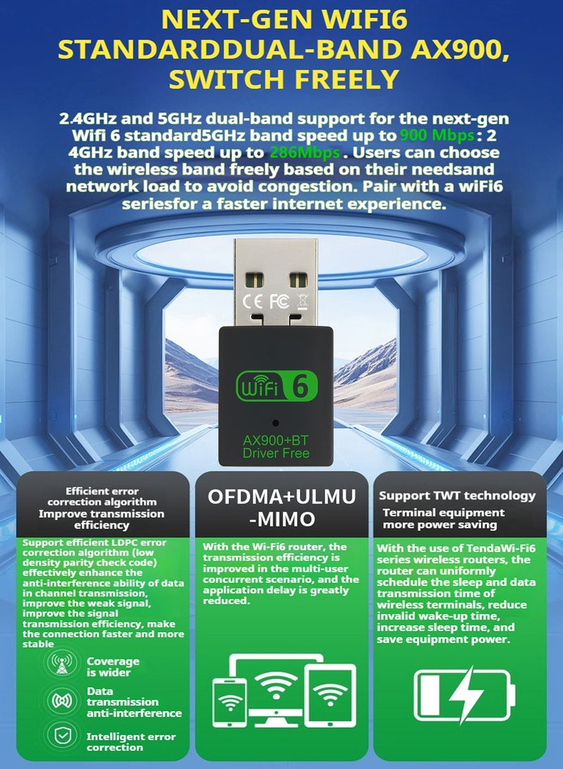 Mini USB WiFi 6 Adapter with Bluetooth 5.4 High-Speed USB WiFi Adapter for PC, Dual Band 5G/2.4G up to 900Mbps, Stable Signal for Online Gaming & Conference, Plug and Play for Desktop/Laptop, Windows 11/10/7 Compatible - Image 2