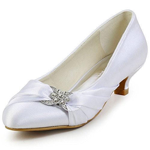 ELEGANTPARK EP2006L Wedding Shoes for Bride Low Heel Comfortable Bridal Shoes Closed Toe Heels for Women Rhinestone Satin Evening Prom Dress Pumps White US 9 - Image 1