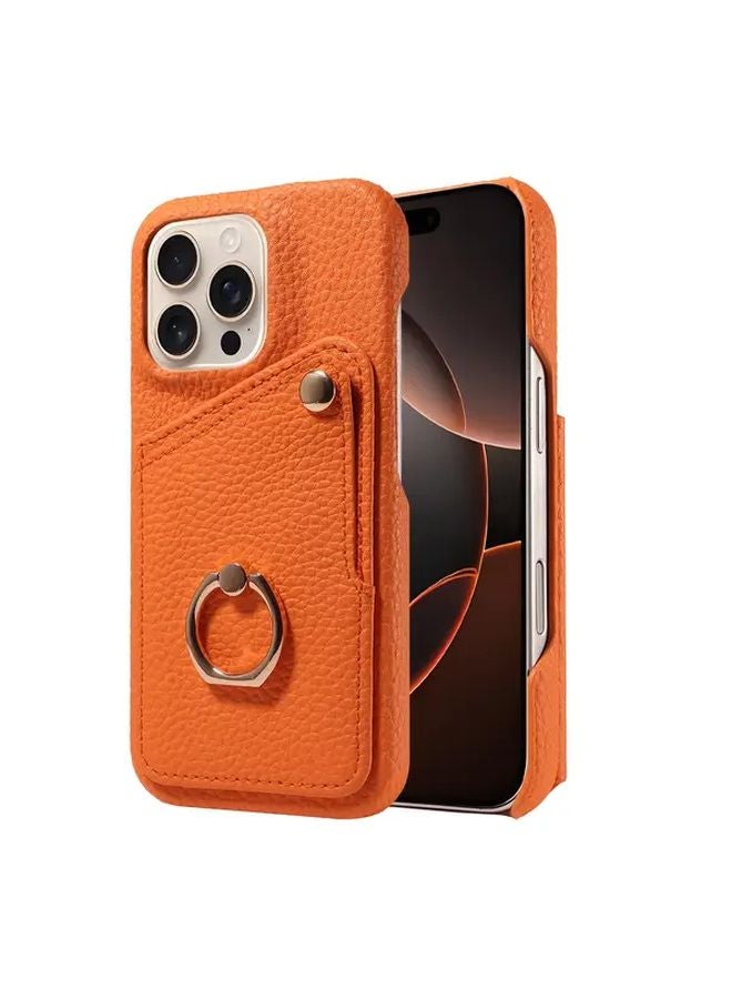 غلاف هاتف برتقالي من الجلد الاصطناعي مع حامل حلقة وفتحة لبطاقة الهوية لهاتف آيفون 11 برو - Image 1