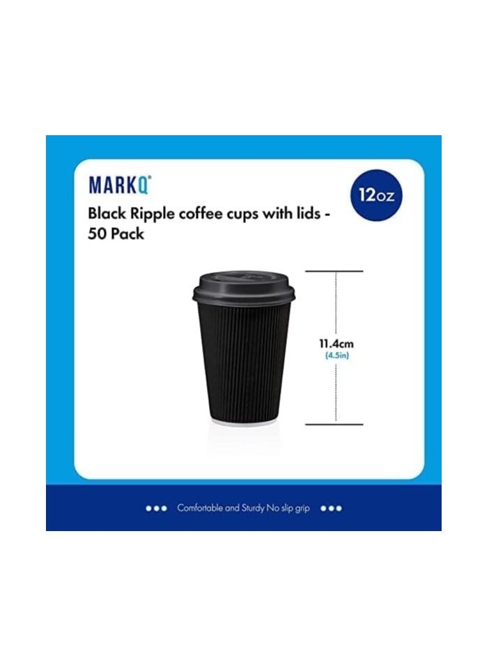 MARKQ [25 Sets] 12 oz. Black Disposable Coffee Cups with Lids - Triple Wall Ripple Paper Cups for Hot & Cold Drinks - Image 2