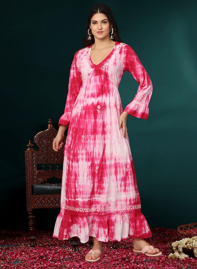 الايا جلابية نسائية مطرزة يدوياً بالقطن شيكانكاري بألوان صبغ ربطة - Image 1