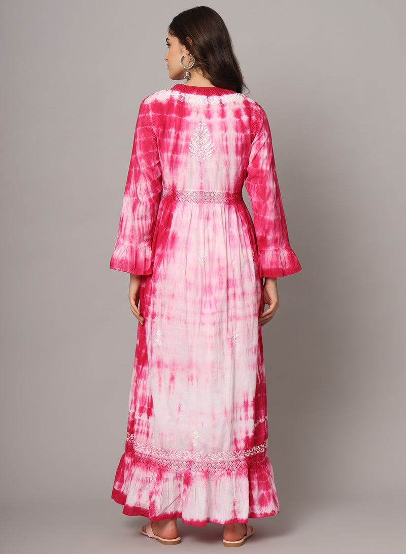 الايا جلابية نسائية مطرزة يدوياً بالقطن شيكانكاري بألوان صبغ ربطة - Image 2