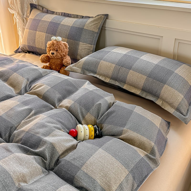 4pcs Simple Plaid Print Duvet Cover Set (4pcs Set): 1 Duvet Cover + 1 Flat Sheet + 2 Pillowcases. The Fabric Is Soft, Comfortable, Finely Textured, and Skin-friendly. Suitable for All Four Seasons. Ideal for Bedrooms, Dormitories - Image 5