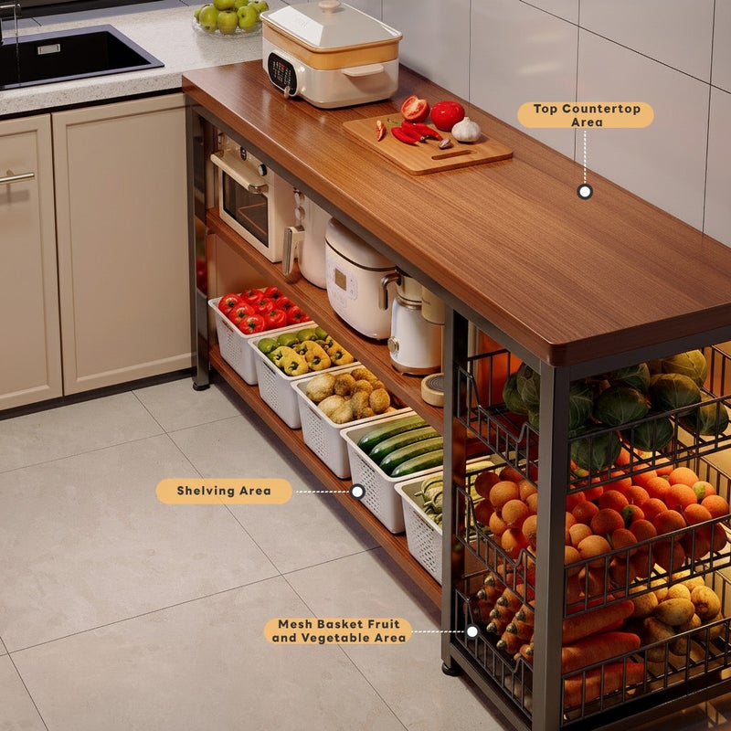 Sharpdo 120cm Kitchen Island Cart with Storage Shelves & Wire Baskets – Rolling Kitchen Organizer Rack - Image 3