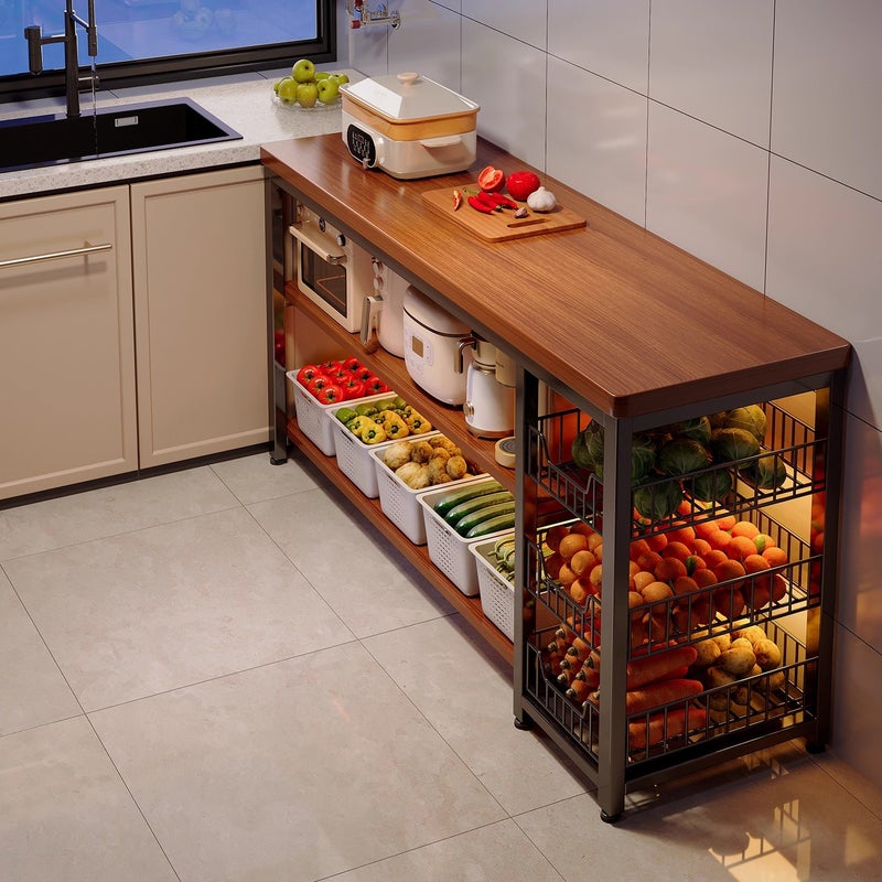 Sharpdo 120cm Kitchen Island Cart with Storage Shelves & Wire Baskets – Rolling Kitchen Organizer Rack - Image 1