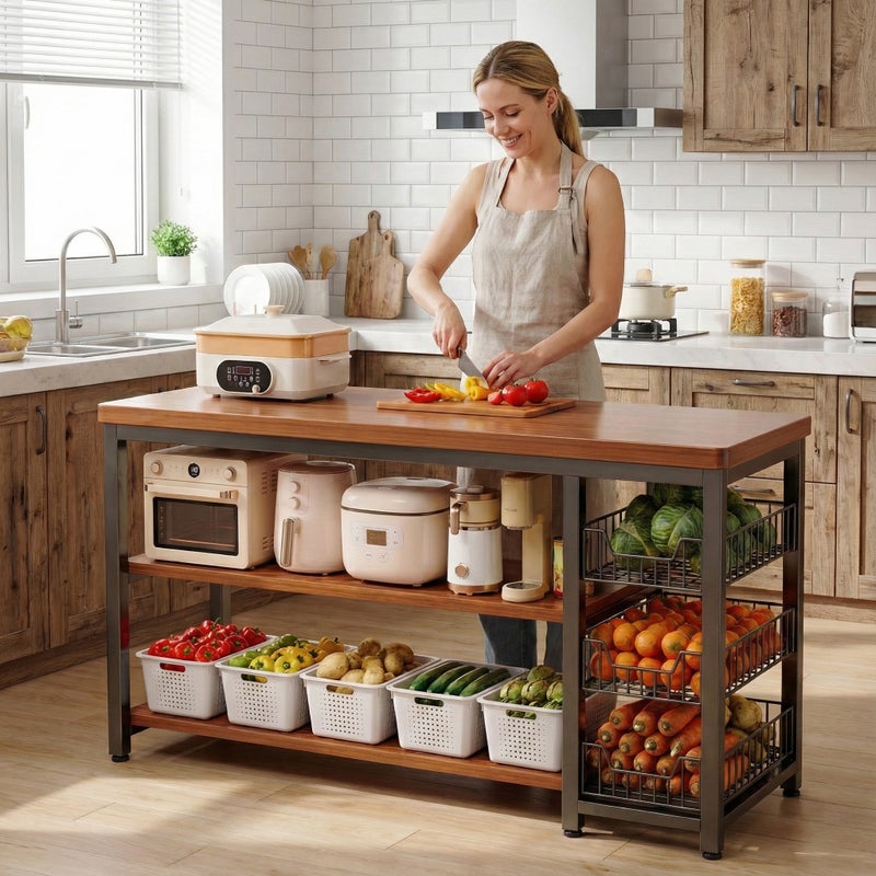 Sharpdo 120cm Kitchen Island Cart with Storage Shelves & Wire Baskets – Rolling Kitchen Organizer Rack - Image 2