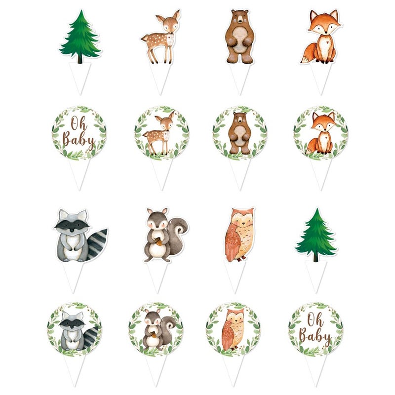 yuuzue 24pcs Woodland Animals Cake Topper, Baby Shower Decorations, Double-Sided Printed Forest Friends Centerpiece Sticks for Wild One Camping Party Supplies - Image 3