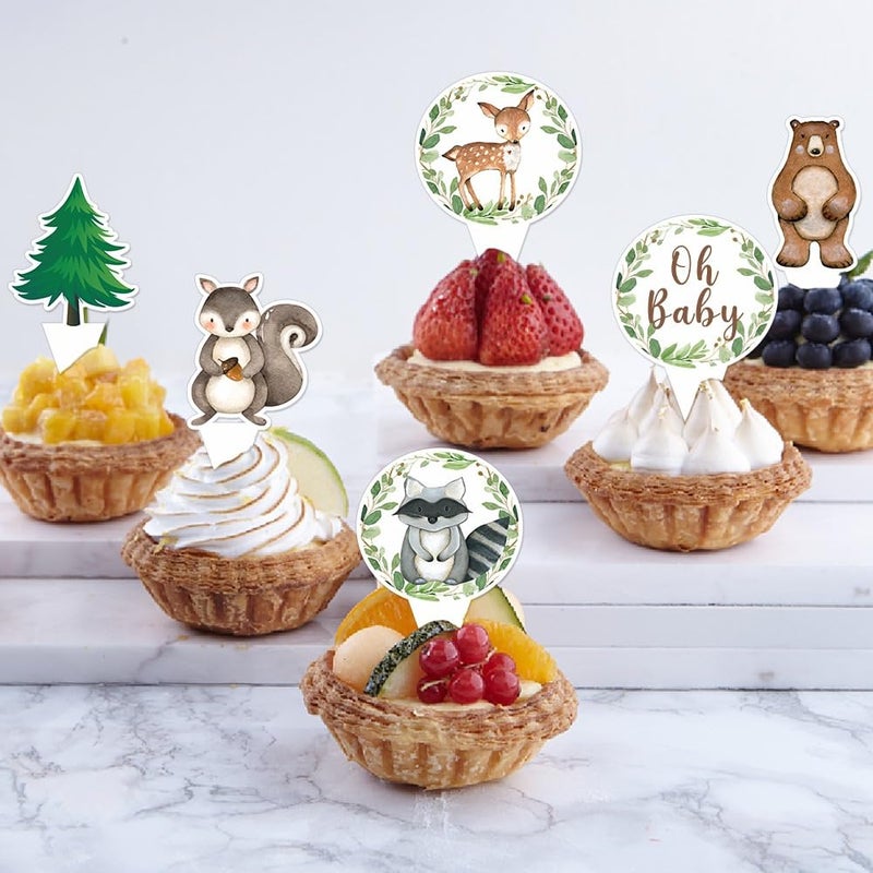 yuuzue 24pcs Woodland Animals Cake Topper, Baby Shower Decorations, Double-Sided Printed Forest Friends Centerpiece Sticks for Wild One Camping Party Supplies - Image 4