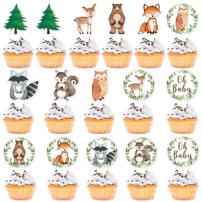 yuuzue 24pcs Woodland Animals Cake Topper, Baby Shower Decorations, Double-Sided Printed Forest Friends Centerpiece Sticks for Wild One Camping Party Supplies - Image 1