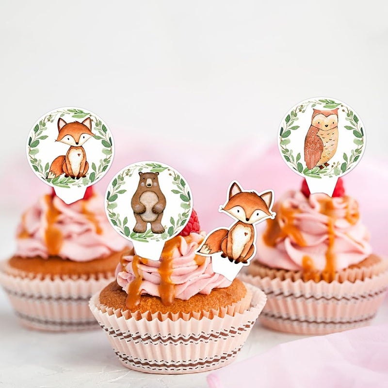 yuuzue 24pcs Woodland Animals Cake Topper, Baby Shower Decorations, Double-Sided Printed Forest Friends Centerpiece Sticks for Wild One Camping Party Supplies - Image 5