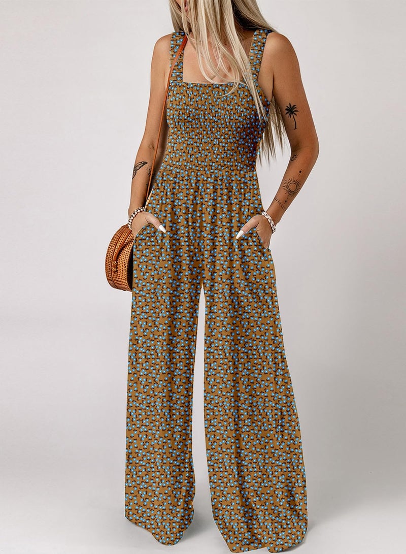 Dokotoo Womens Casual Loose Overalls One Piece Sleeveless Jumpsuits for Women Stretchy Wide Leg Long Pant Rompers Jumpsuit with Pockets Printed 2026 Fashion Small Brown - Image 2