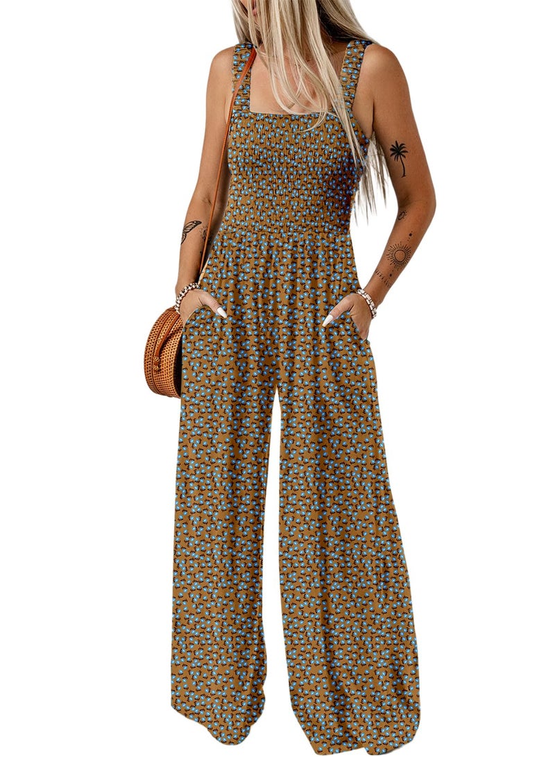 Dokotoo Womens Casual Loose Overalls One Piece Sleeveless Jumpsuits for Women Stretchy Wide Leg Long Pant Rompers Jumpsuit with Pockets Printed 2026 Fashion Small Brown - Image 1