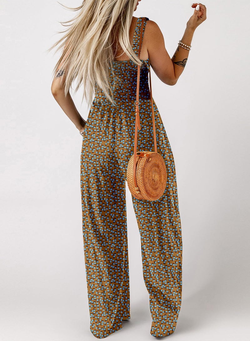 Dokotoo Womens Casual Loose Overalls One Piece Sleeveless Jumpsuits for Women Stretchy Wide Leg Long Pant Rompers Jumpsuit with Pockets Printed 2026 Fashion Small Brown - Image 3