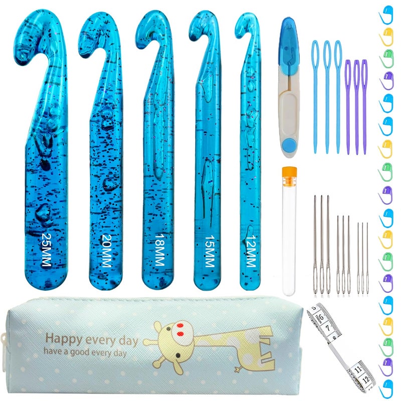Hobekoee 43 Pcs Large Crochet Hooks Set12mm 15mm 18mm 20mm 25mm Large Crochet Hooks for Chunky YarnPlastic Crystal Smooth Big Crochet Needles for Handmade DIY Crochet with Storage Bag - Image 3
