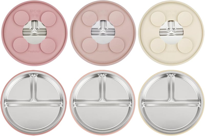 PandaEar Set of 3 Stainless Steel Plates for Children with Suction, Divided Plates for Children for Autonomous Weaning, Non-Slip Feeding Set (Pink) - Image 1