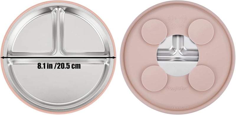 PandaEar Set of 3 Stainless Steel Plates for Children with Suction, Divided Plates for Children for Autonomous Weaning, Non-Slip Feeding Set (Pink) - Image 5