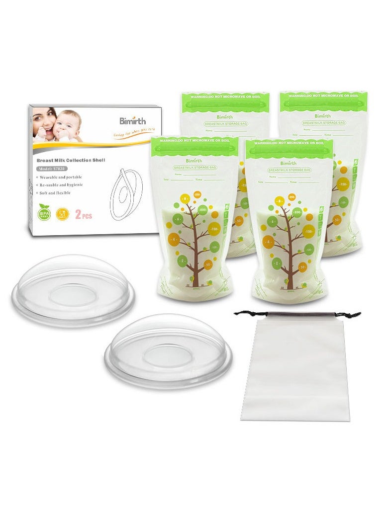 Bimirth Breastfeeding Set,4 Piece Baby Self-standing Bottom Design Breast Milk Storage Bags With Double Zipper, 250 ml，2 Breastmilk Collector，1 Storage bag  - Image 1