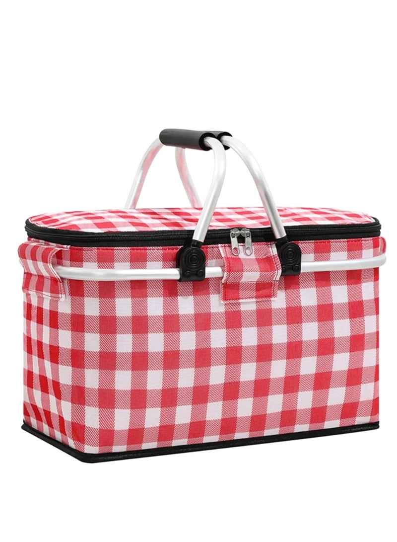 TRASSLE Picnic Basket Bag,Portable Collapsible Shopping Basket with Aluminium Handles,Lunch Box Organizer,Insulated Cooler Bag,Grocery Bag,for Shopping, Travel, Camping (Red grid) - Image 1