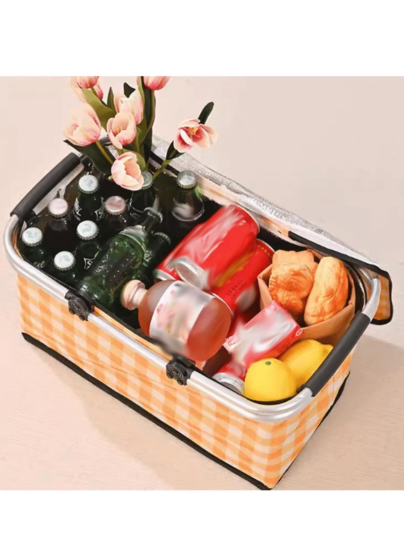 TRASSLE Picnic Basket Bag,Portable Collapsible Shopping Basket with Aluminium Handles,Lunch Box Organizer,Insulated Cooler Bag,Grocery Bag,for Shopping, Travel, Camping (Red grid) - Image 2