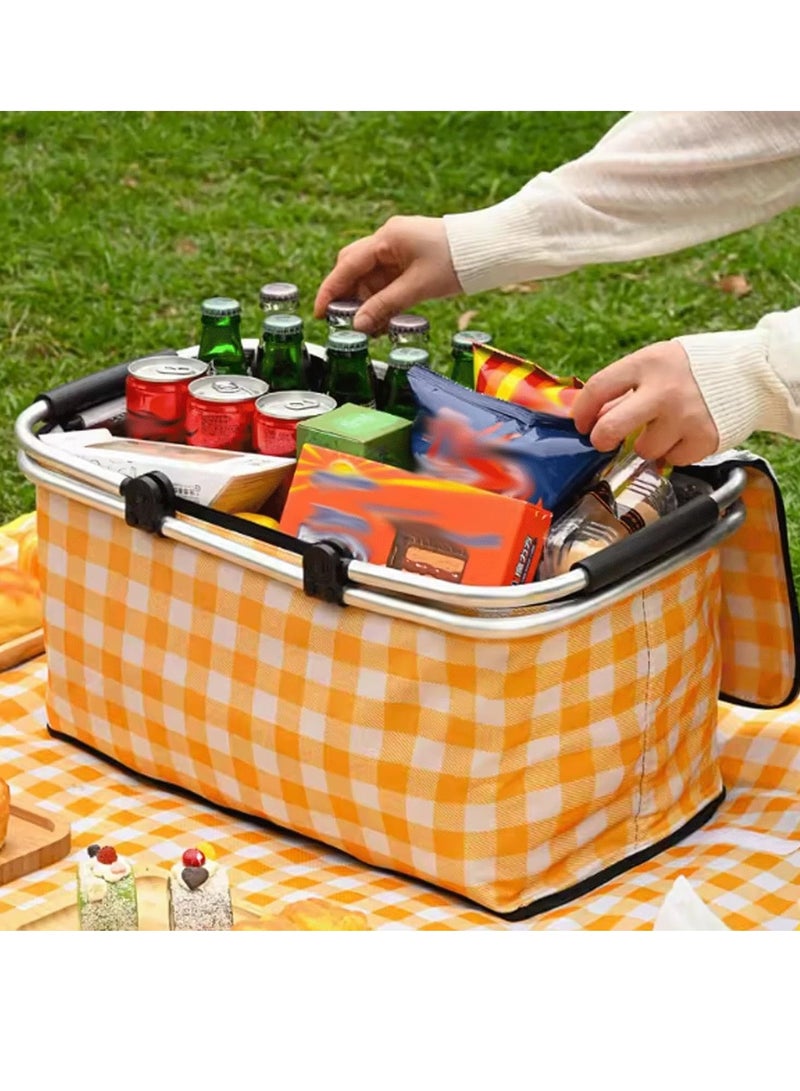 TRASSLE Picnic Basket Bag,Portable Collapsible Shopping Basket with Aluminium Handles,Lunch Box Organizer,Insulated Cooler Bag,Grocery Bag,for Shopping, Travel, Camping (Red grid) - Image 3
