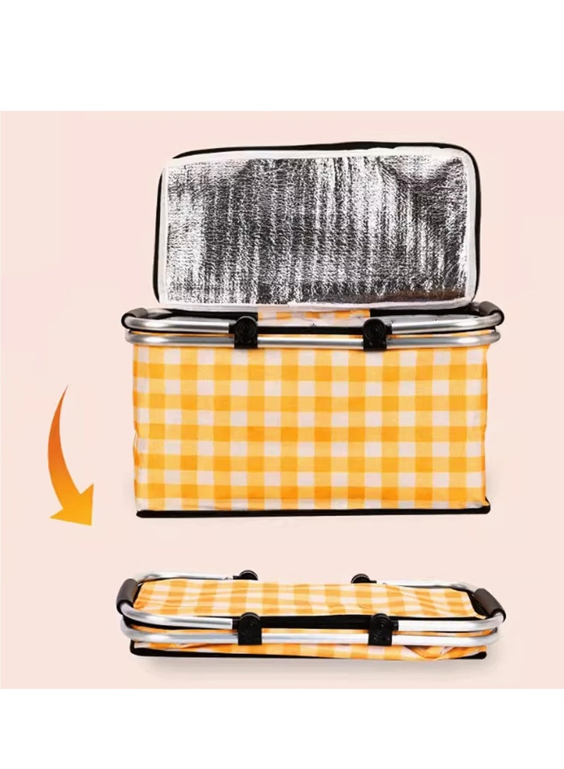 TRASSLE Picnic Basket Bag,Portable Collapsible Shopping Basket with Aluminium Handles,Lunch Box Organizer,Insulated Cooler Bag,Grocery Bag,for Shopping, Travel, Camping (Red grid) - Image 4