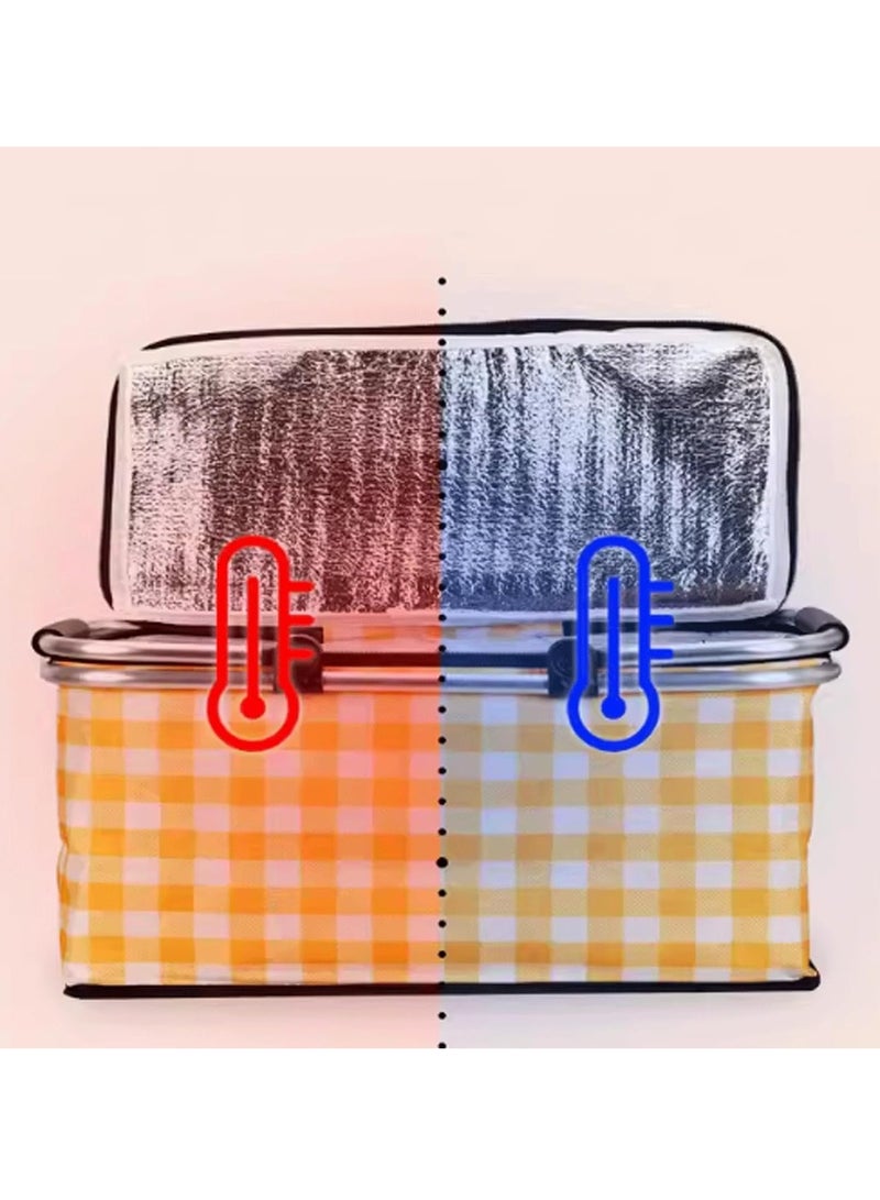 TRASSLE Picnic Basket Bag,Portable Collapsible Shopping Basket with Aluminium Handles,Lunch Box Organizer,Insulated Cooler Bag,Grocery Bag,for Shopping, Travel, Camping (Red grid) - Image 5
