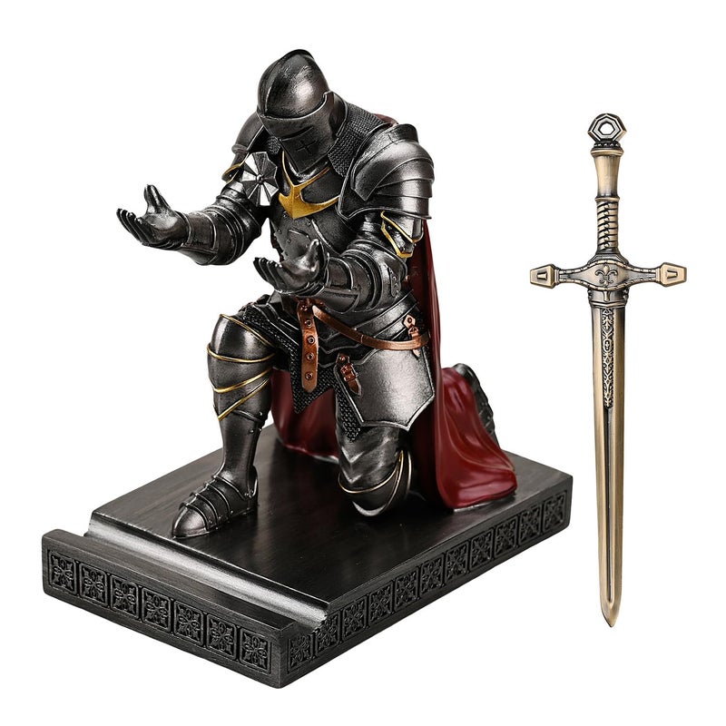 Amoysanli Medieval Armored Warrior Wearing Outerwear, Mobile Phone Stand Knight Pen Holder Desk Organizers, Resin Bookends Paperweight with a Letter Opener for Desk (Iron) - Image 2