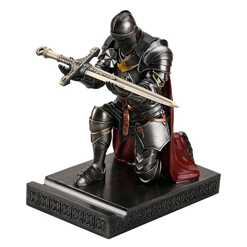 Amoysanli Medieval Armored Warrior Wearing Outerwear, Mobile Phone Stand Knight Pen Holder Desk Organizers, Resin Bookends Paperweight with a Letter Opener for Desk (Iron) - Image 1