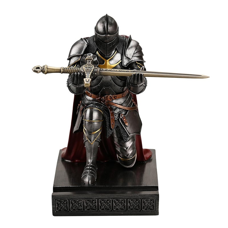 Amoysanli Medieval Armored Warrior Wearing Outerwear, Mobile Phone Stand Knight Pen Holder Desk Organizers, Resin Bookends Paperweight with a Letter Opener for Desk (Iron) - Image 3