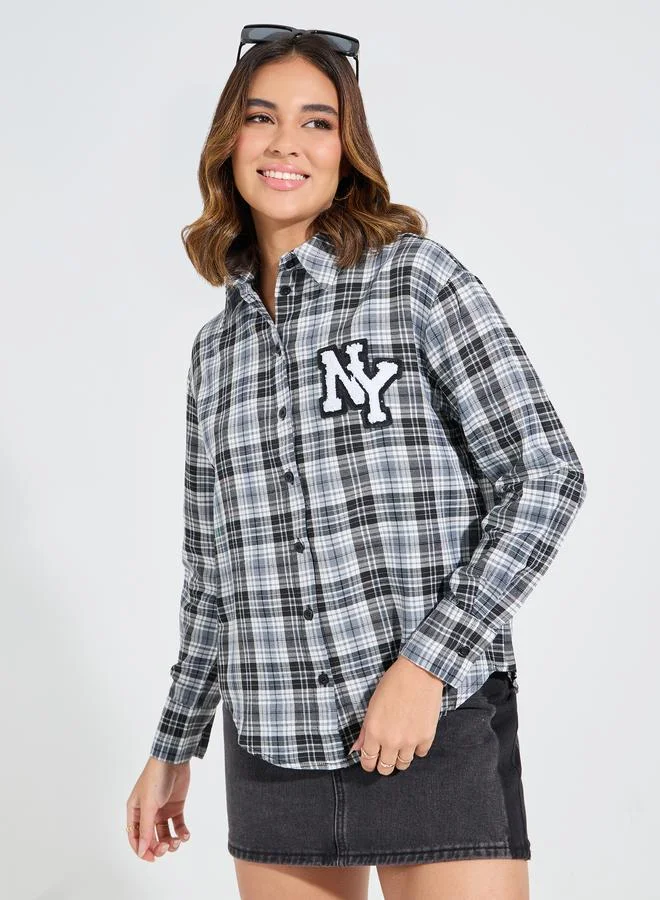 Styli Oversized Checked Shirt with Applique Badge Detail