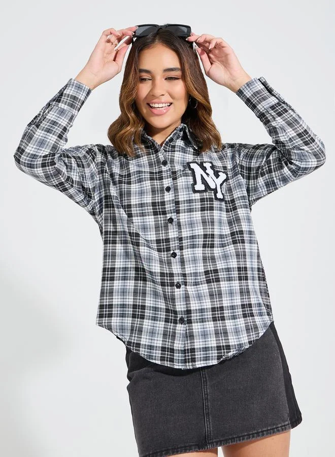 Styli Oversized Checked Shirt with Applique Badge Detail
