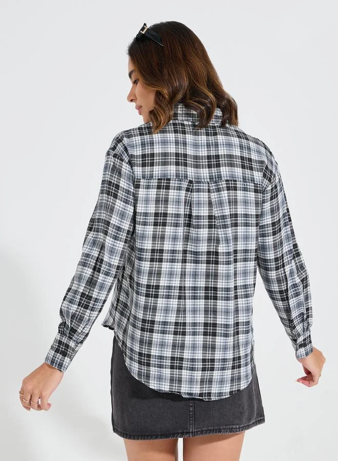 Styli Oversized Checked Shirt with Applique Badge Detail