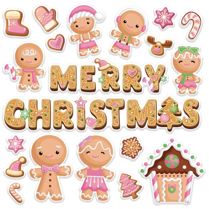 Whaline 40Pcs Christmas Thick Gel Clings Cute Pink Gingerbread Man Candy House Window Gel Decals for Home Classroom Nursery Xmas Party Decor - Image 1