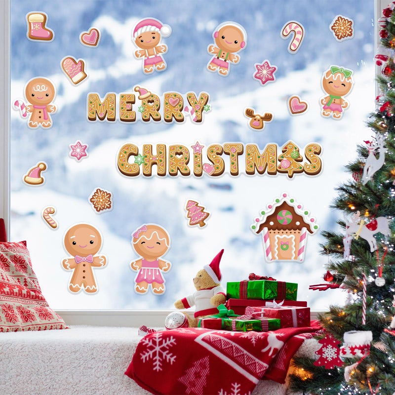 Whaline 40Pcs Christmas Thick Gel Clings Cute Pink Gingerbread Man Candy House Window Gel Decals for Home Classroom Nursery Xmas Party Decor - Image 2