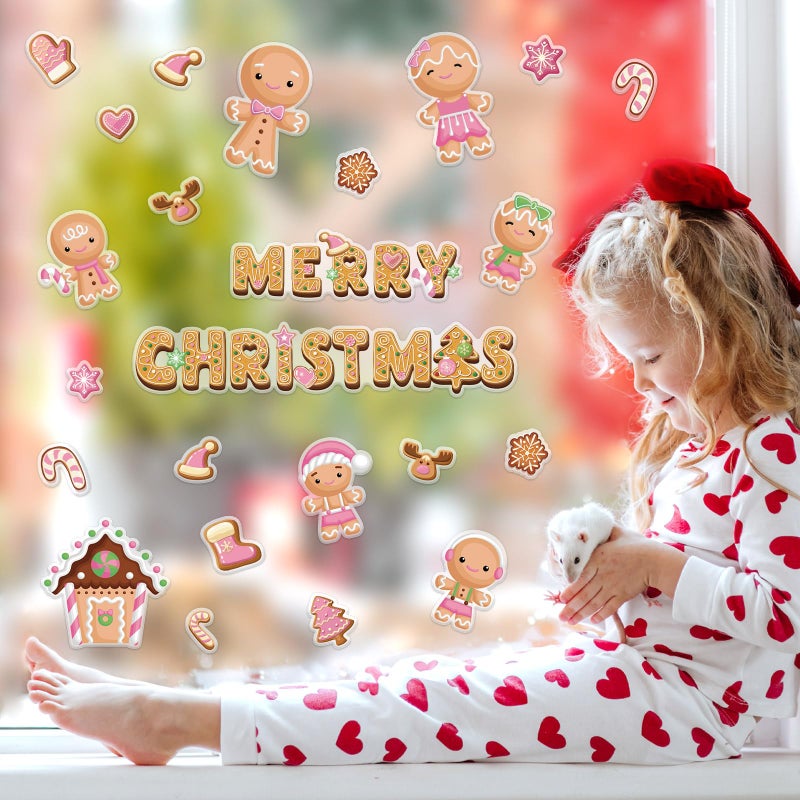 Whaline 40Pcs Christmas Thick Gel Clings Cute Pink Gingerbread Man Candy House Window Gel Decals for Home Classroom Nursery Xmas Party Decor - Image 3