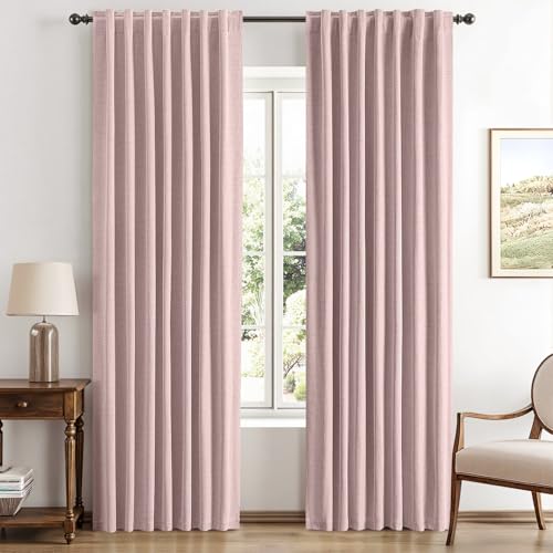 MIULEE 100% Blackout Linen Curtains for Bedroom, Pink Solid Luxury Decor Thermal Insulation Room Darkening Drapes for Living Room Nursery Back Tab Rod Pocket 42 x 84 Inches, 2 Panels