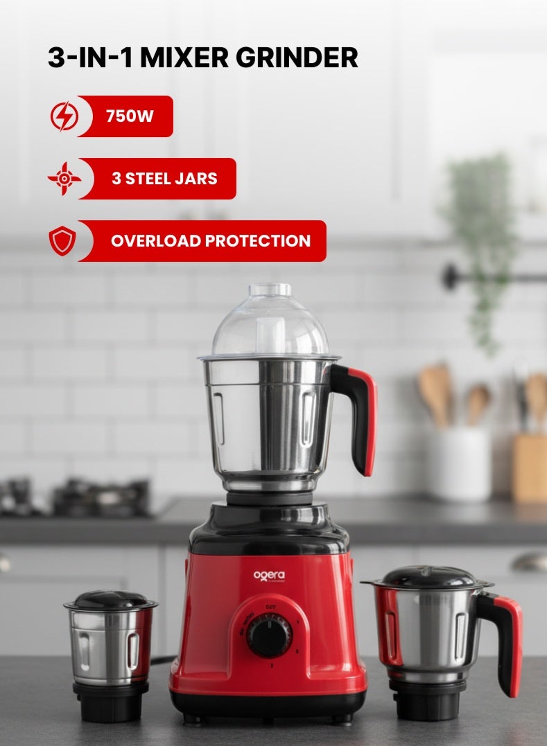 أوجيرا خلاط ومطحنة 3 في 1 | محرك قوي 750 واط مع 3 سرعات ووضع النبض | أوعية ستانلس ستيل مانعة للتسرب | مثالي للسموثي والميلك شيك والماسالا والطحن الجاف | تصميم متين | سعة 1.5 لتر | ضمان سنتين - Image 1