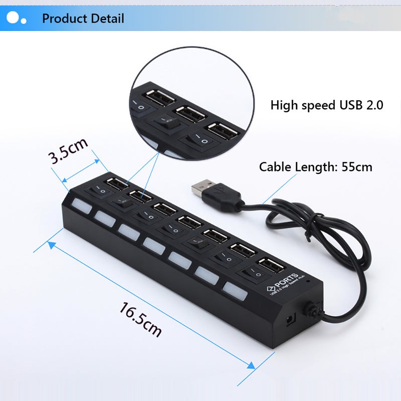 JDL-A7 محور USB Hub 7 منافذ USB 2.0 مع مؤشر ومفتاح مستقل عالي السرعة رفيع جدًا مع كابل USB لجهاز سطح المكتب والحاسوب المحمول وماسح الضوئي الرقمي والكاميرا الرقمية ومحرك الأقراص USB ولوحة المفاتيح USB وغيرها - Image 3